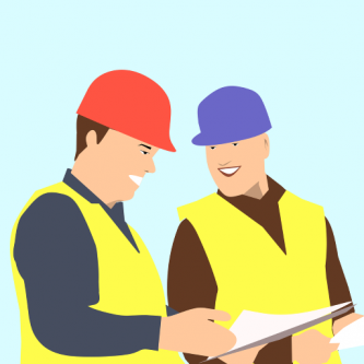 two-illustrated-construction-workers-in-hard-hats-gaze-at-clipboard-strategizing-on-how-to-optimize-their contracting-business-e-reputation